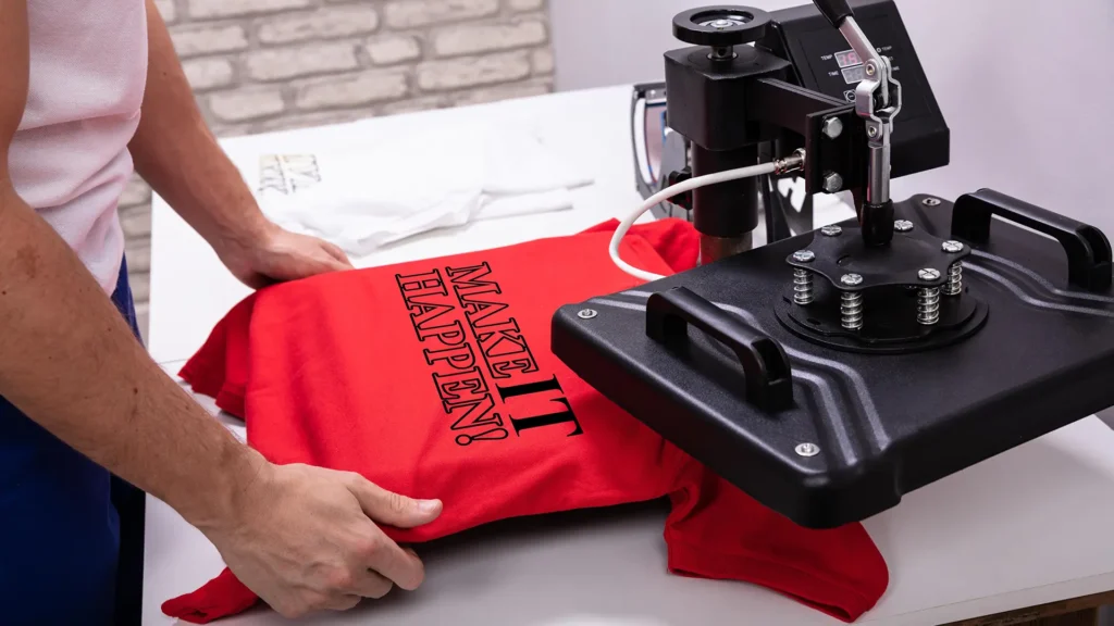 Plancha térmica estampando una camiseta en un taller de personalización textil por sublimación