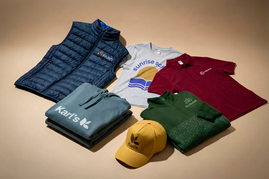 Polos y camisetas corporativas de varios colores doblados con el logotipo a la vista