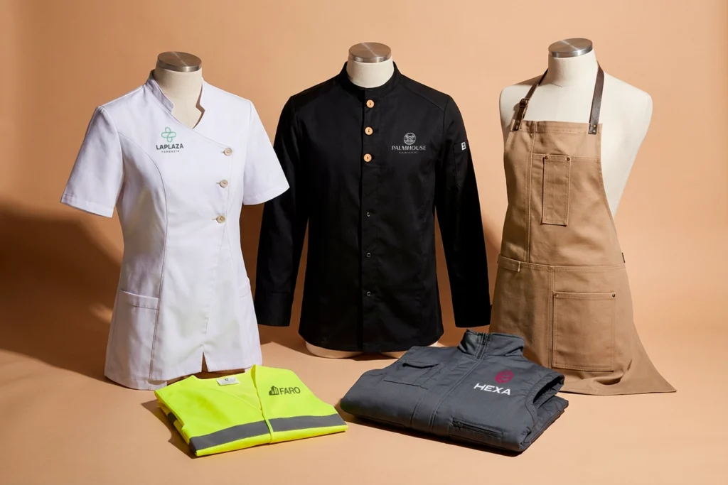 Bata, camisa y delantal de vestuario laboral colgados, el equipamiento completo de un empleado