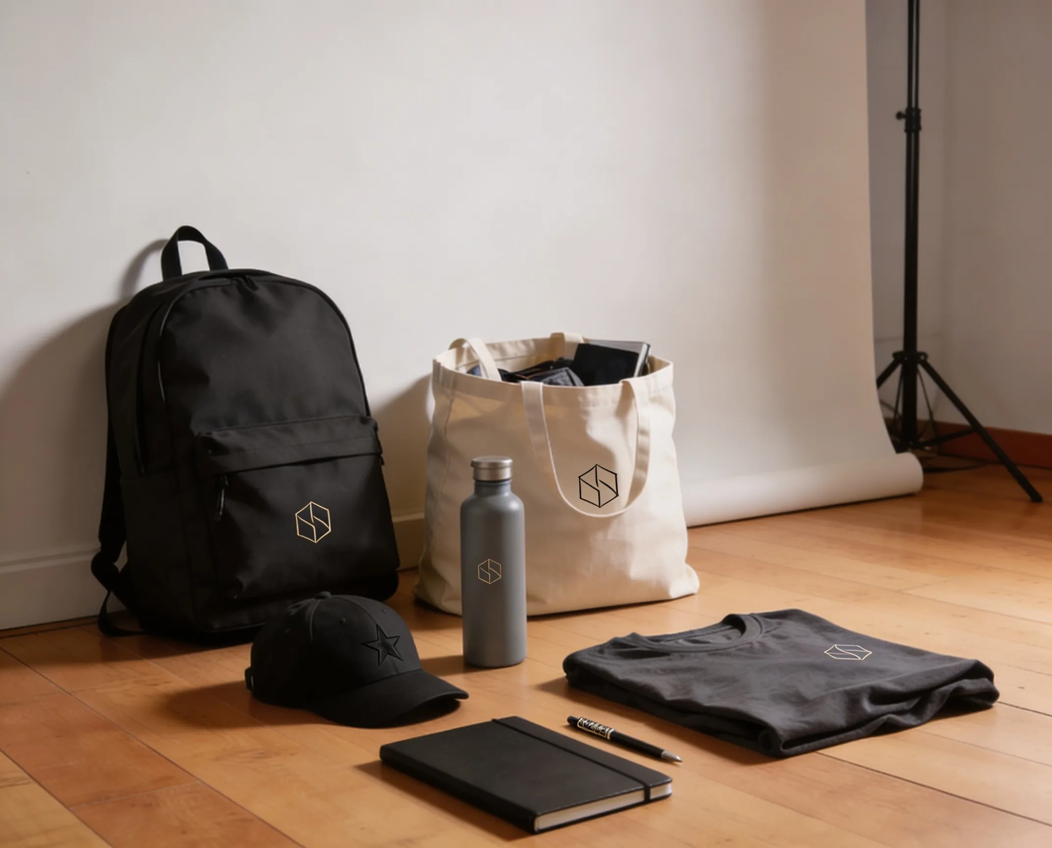 Welcome pack para asistentes a congresos con mochila, gorra, bolsa de tela y libreta personalizadas con la marca del evento