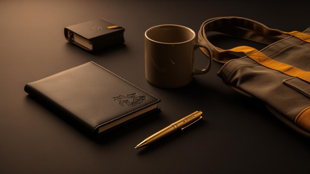 Carpeta de piel y bolígrafos dorados grabados, material de escritura premium para despachos profesionales