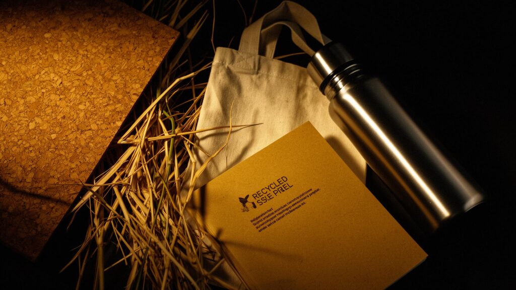 Selección de productos ecológicos personalizados de Branstom en corcho, algodón orgánico y acero reciclado