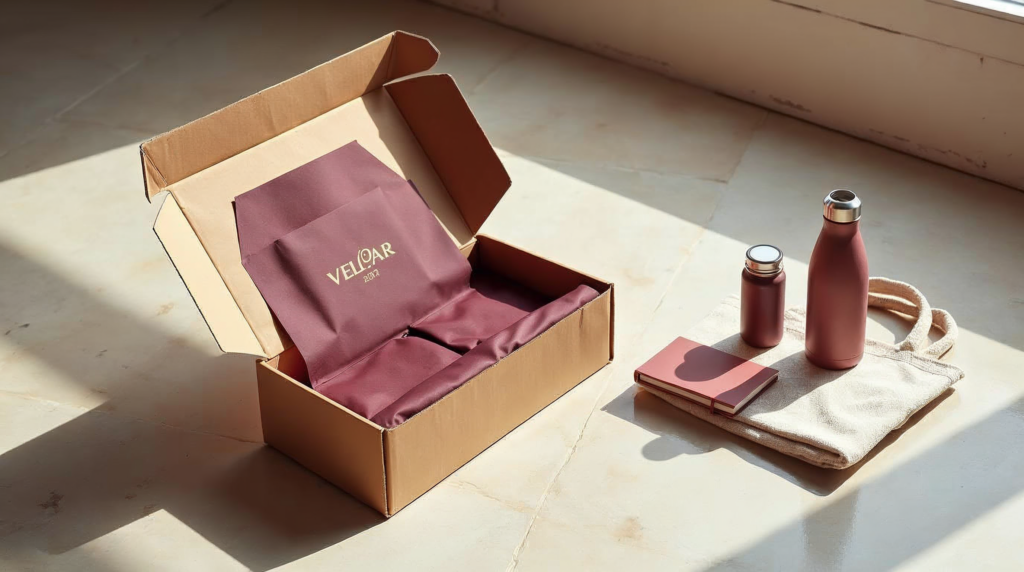 Caja de bienvenida corporativa abierta con libreta, botella y bolsa de tela sobre superficie de hormigón
