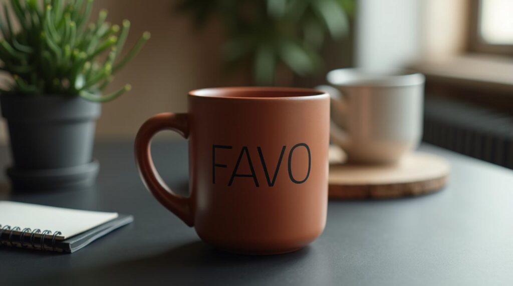 Taza de cerámica terracota con logo corporativo sobre mesa negra en oficina