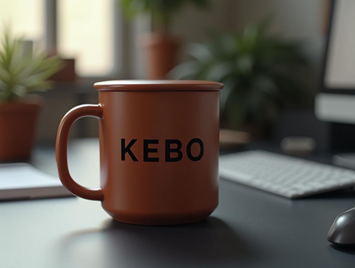 Taza de cerámica con tapa sobre escritorio de oficina moderna