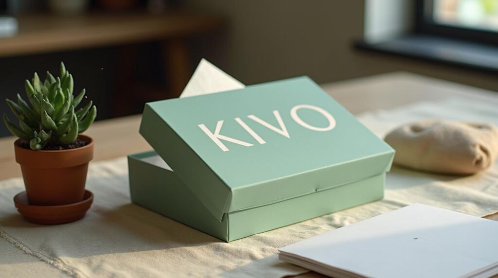 Caja de bienvenida verde salvia sobre mantel de lino natural con detalle de papel de seda blanco en su interior
