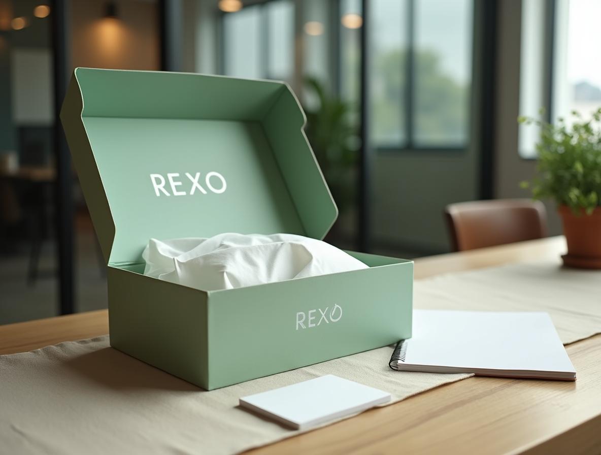 Caja de bienvenida corporativa abierta sobre escritorio de roble en recepción de oficina
