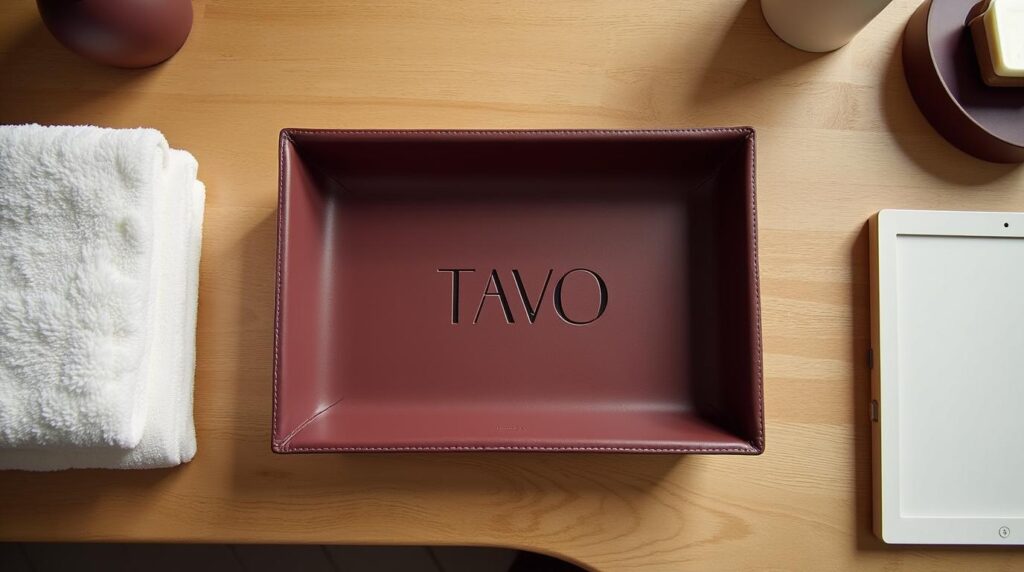 Amenities hotel personalizados: bandeja de cuero grabada sobre mesa de roble