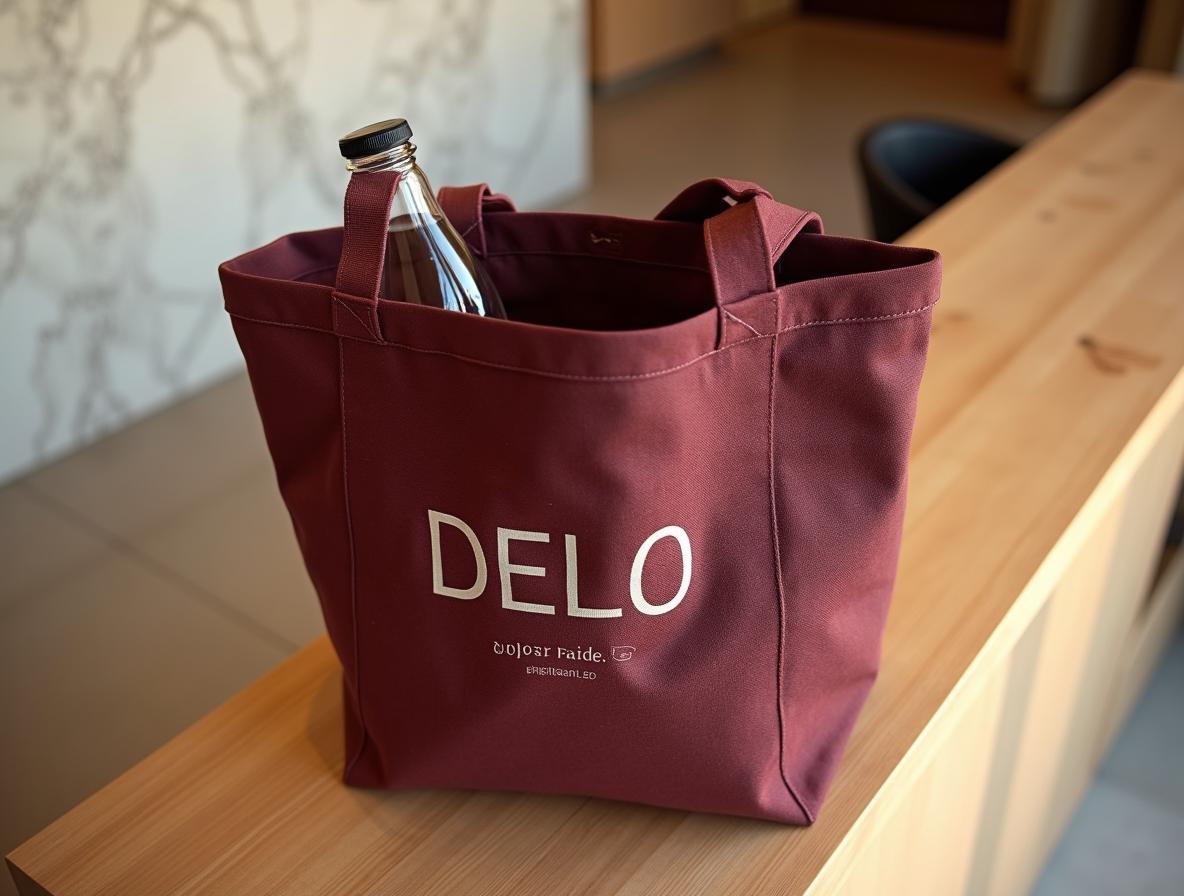Bolsa de lona corporativa sobre mostrador de recepción de hotel