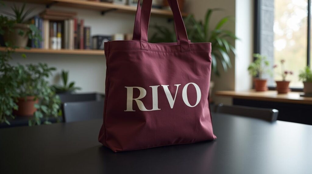 Bolsas de tela personalizadas para empresas: tote bag de algodón granate con wordmark impreso en primer plano