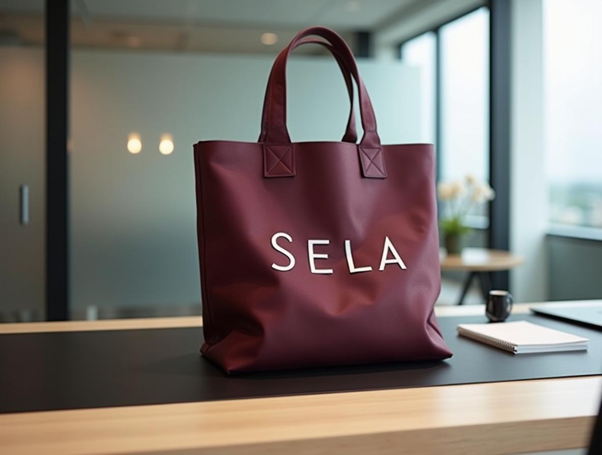 Tote bag corporativa granate doblada sobre mostrador de recepción de oficina moderna