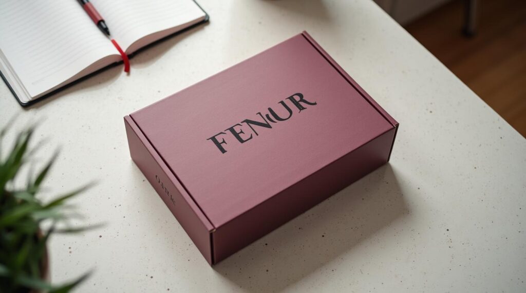 Brief de packaging personalizado: caja automontable rígida vista cenital sobre superficie de terrazo