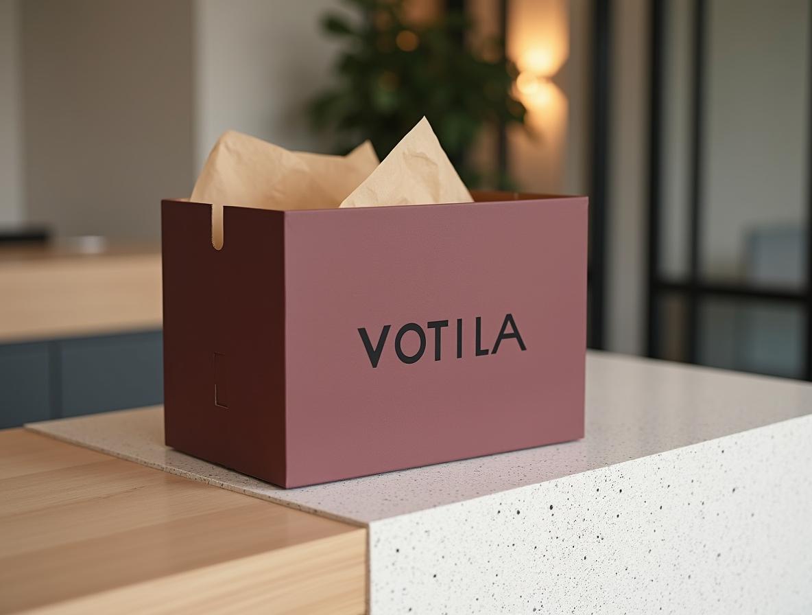 Caja de envío ecommerce de cartón ondulado entreabierta sobre mostrador de recepción de oficina