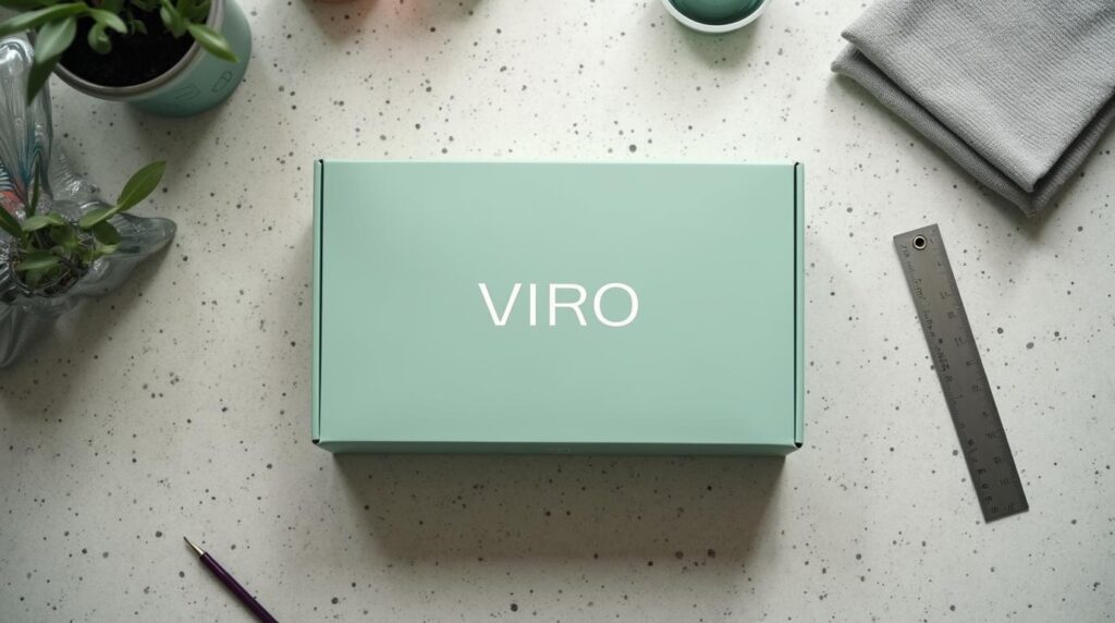 Control de calidad producto corporativo: prototipo de caja rígida sobre mesa de trabajo con herramientas de medición