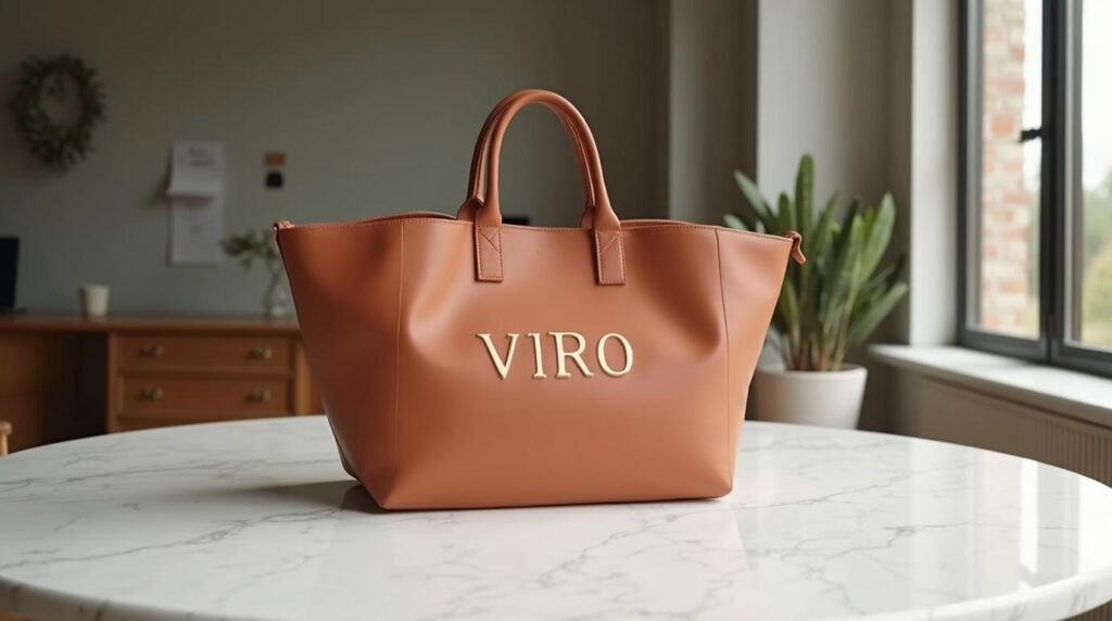 Cuándo encargar regalos de Navidad para empresa: bolsa de tela terracota con wordmark impreso sobre mesa de mármol blanco veteado