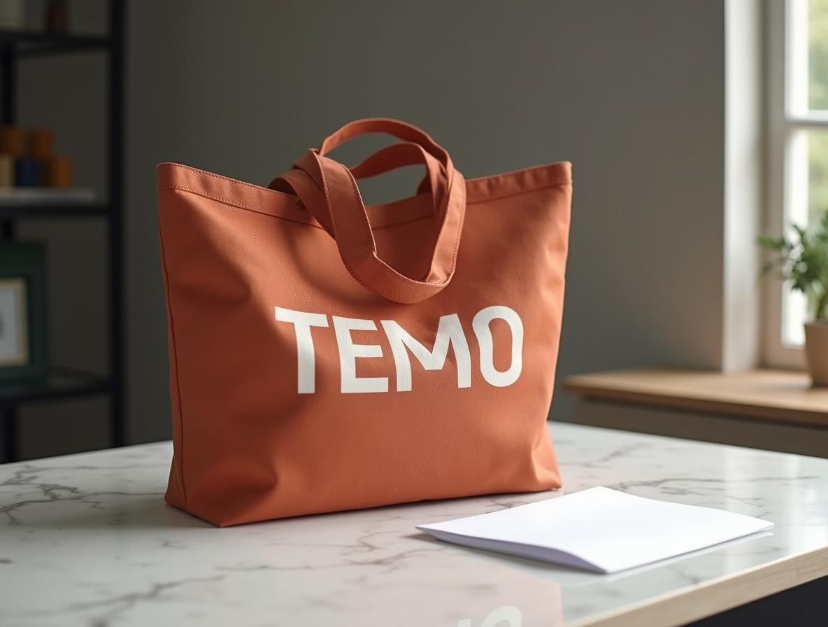 Bolsa de lona terracota doblada sobre mostrador de recepción de oficina moderna