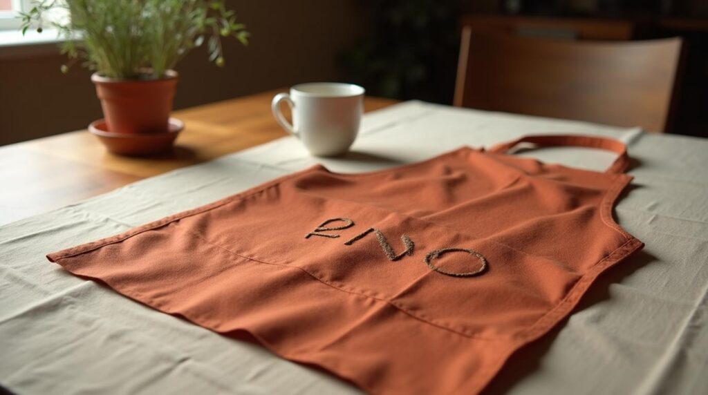 Delantales personalizados: delantal de lino terracota con bordado en pechera sobre mantel