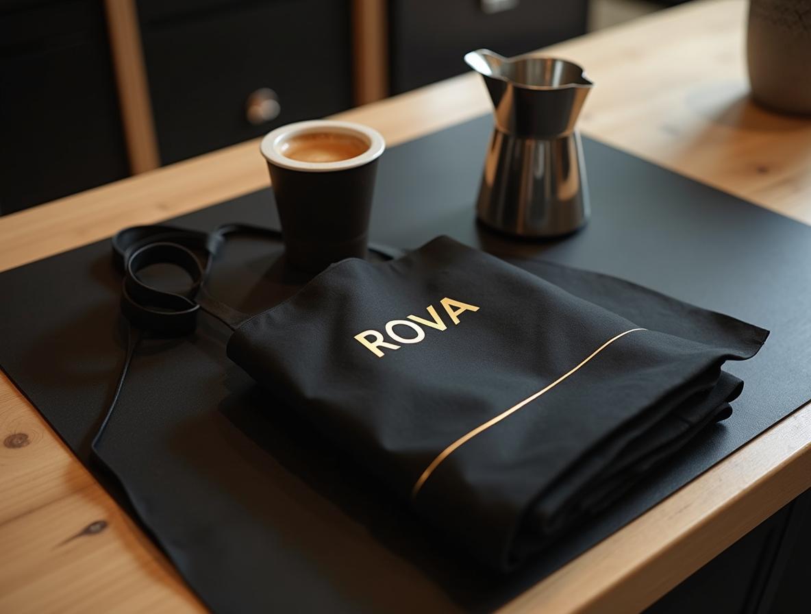 Delantal corporativo negro plegado sobre mostrador de cafetería profesional con detalle dorado