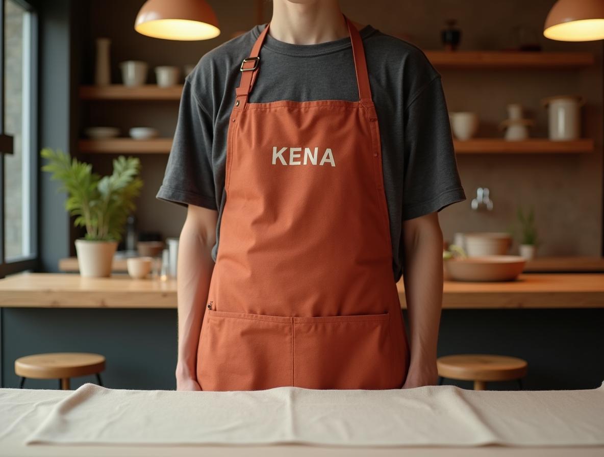 Delantal de lino terracota con logo bordado en uso real en mostrador de cafetería