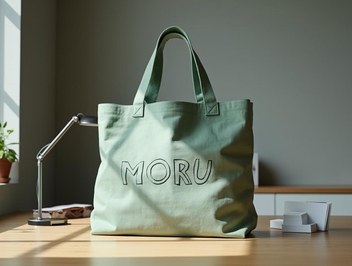Bolsa de algodón reciclado sobre mostrador de recepción de oficina moderna