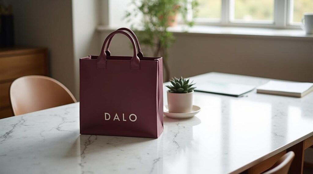 Elegir artículo promocional: bolsa de tela personalizada de color burdeos sobre mesa de mármol en oficina moderna