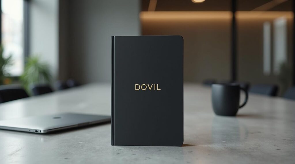 Merchandising responsable para empresas: libreta en negro mate con foil dorado sobre hormigón pulido