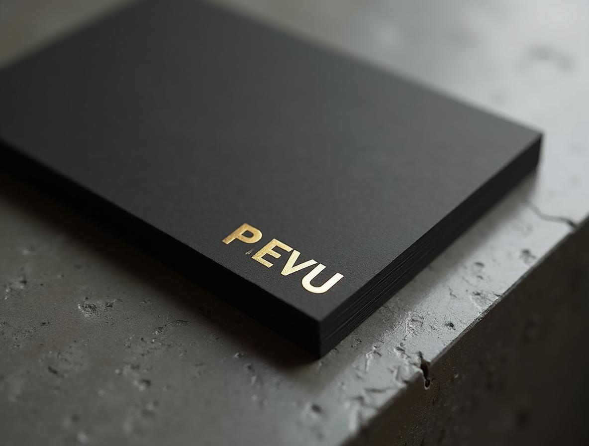 Merchandising responsable para empresas: detalle de foil dorado sobre papel reciclado negro mate