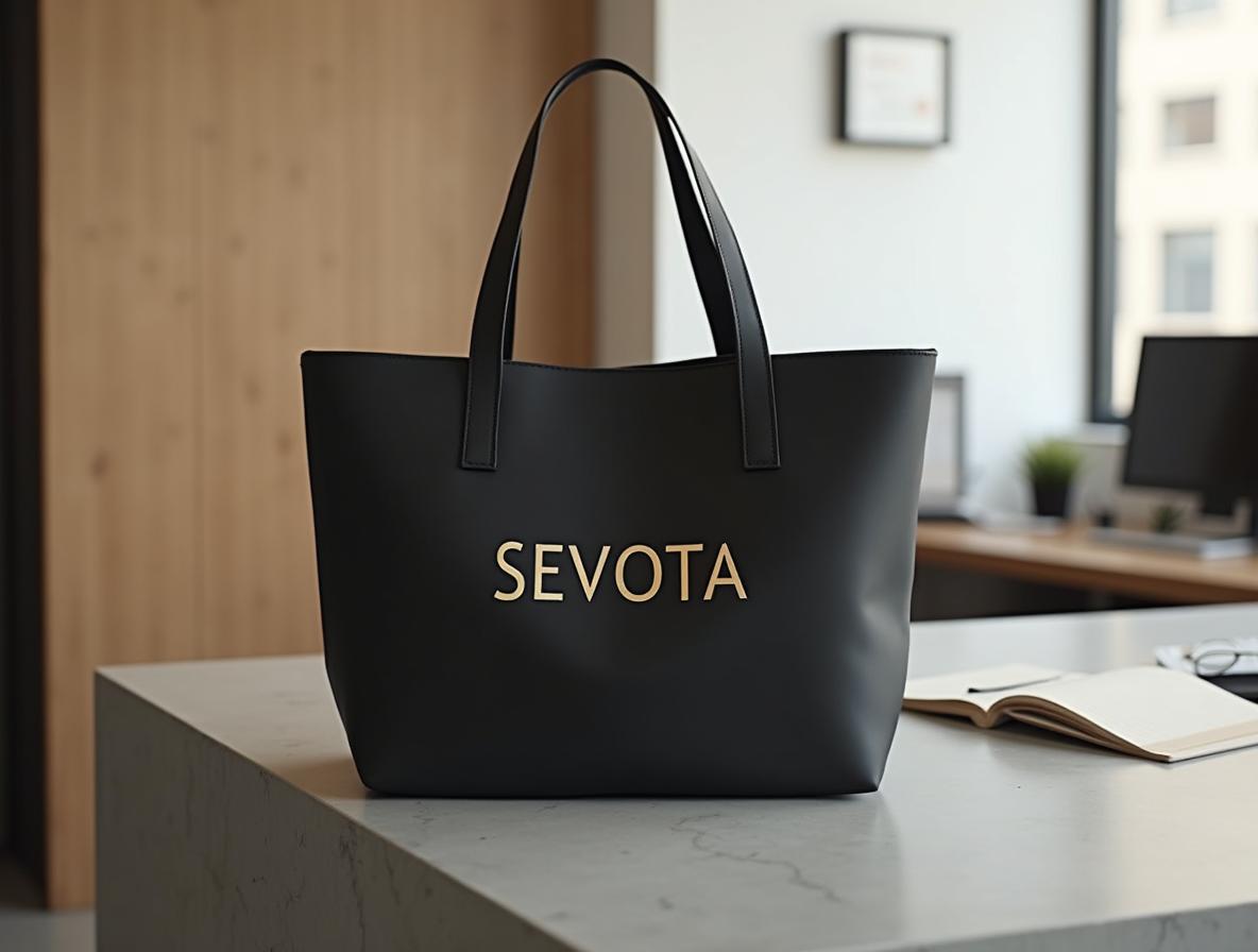 Bolsa de algodón orgánico negro mate con detalle de foil dorado sobre mostrador de recepción