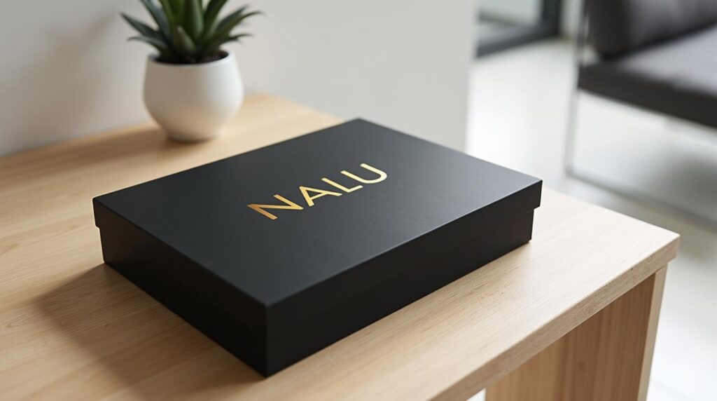 Pack corporativo sector salud: caja de bienvenida cerrada en negro mate con detalle dorado sobre mesa de roble
