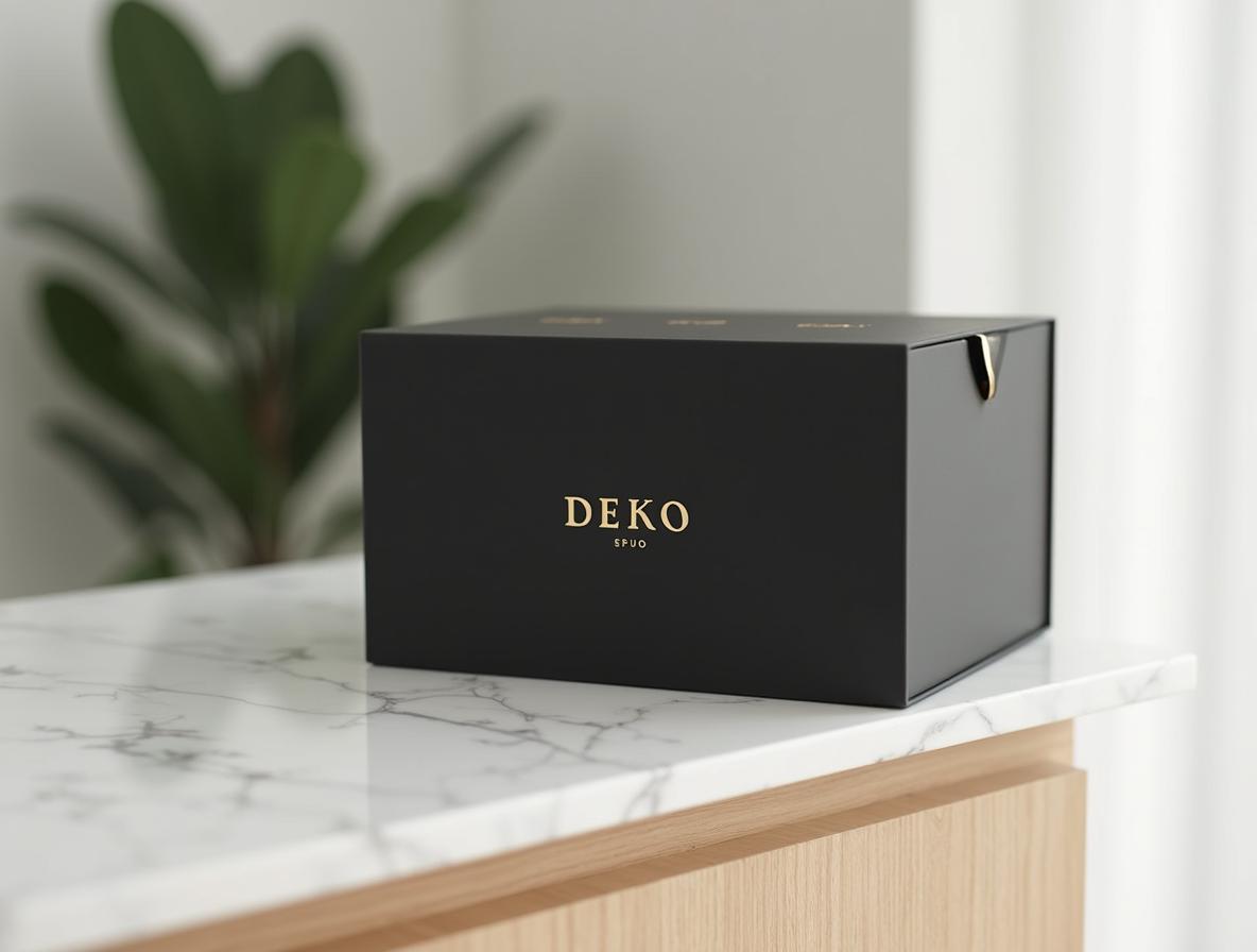 Caja corporativa negra con foil dorado sobre mostrador de recepción de clínica