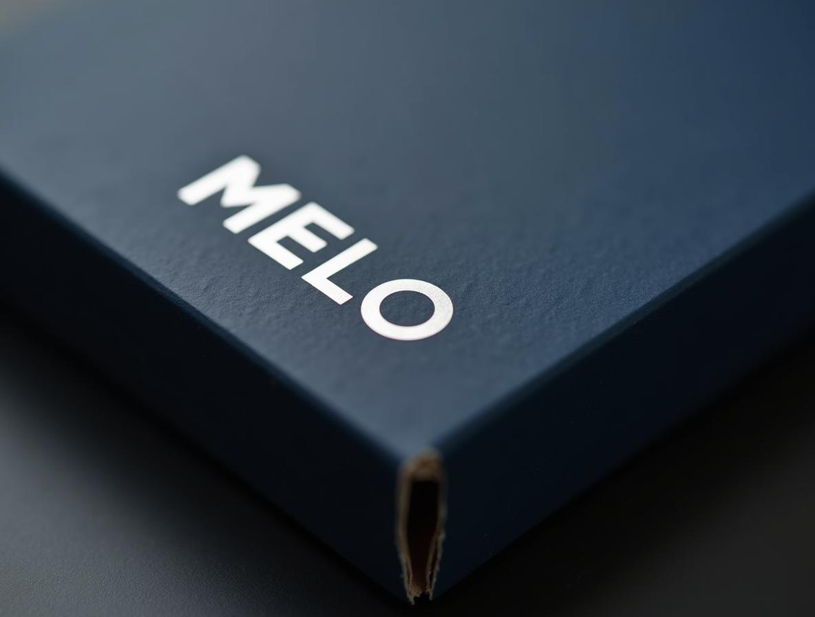 Pack de bienvenida para distribuidores: detalle de estampación en foil mate sobre cartón compacto azul marino