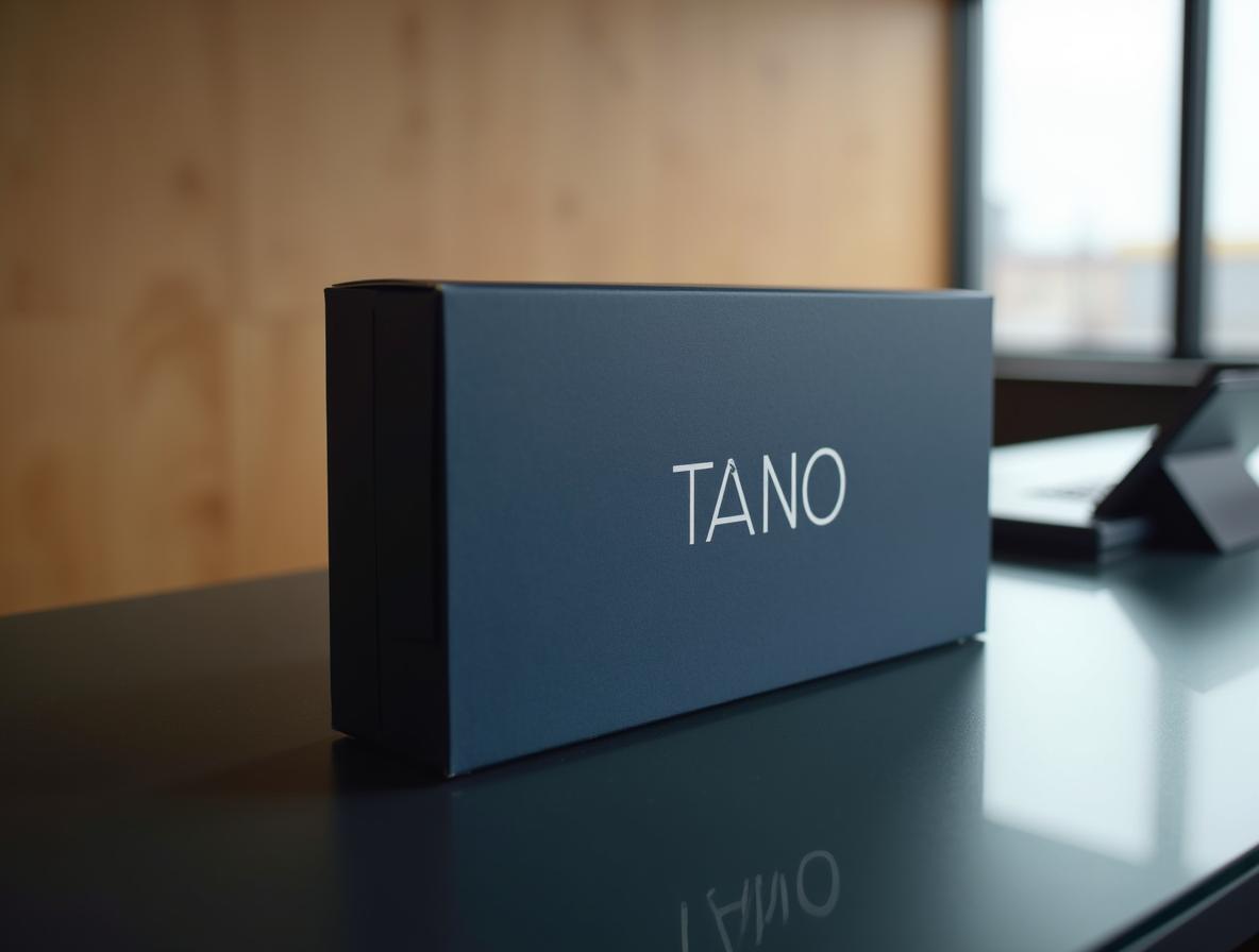 Caja de bienvenida corporativa azul marino sobre mostrador de recepción de oficina moderna