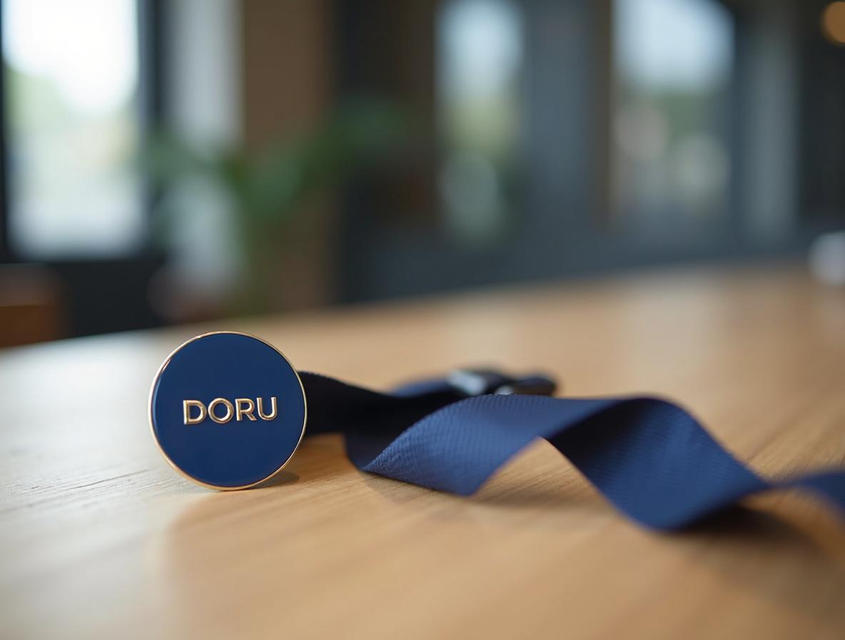 Pin esmaltado corporativo sujeto en lanyard sobre mostrador de recepción moderna