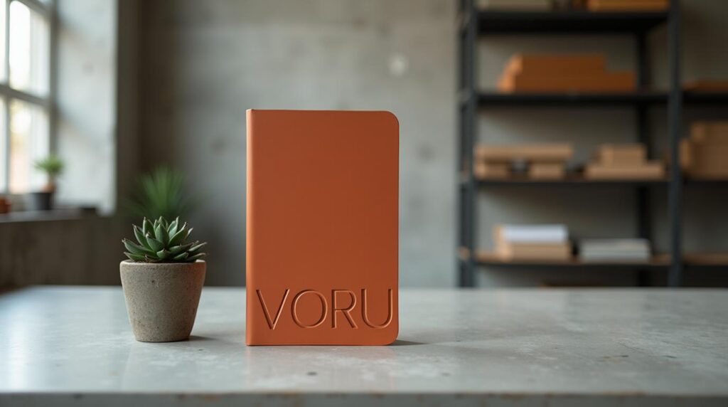 Productos corporativos en materiales naturales: libreta de bambú con grabado láser sobre superficie de hormigón pulido