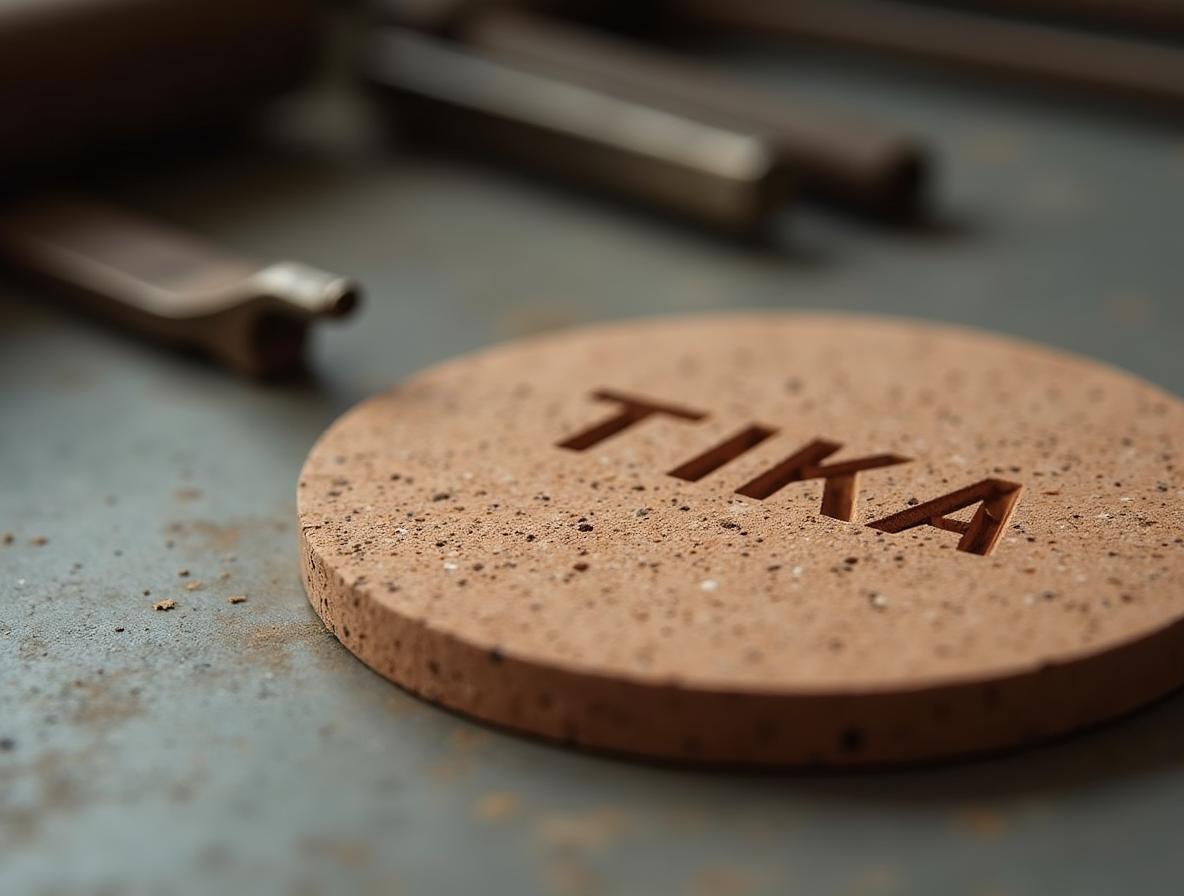 Productos corporativos en materiales naturales: detalle macro de grabado láser en posavasos de corcho terracota