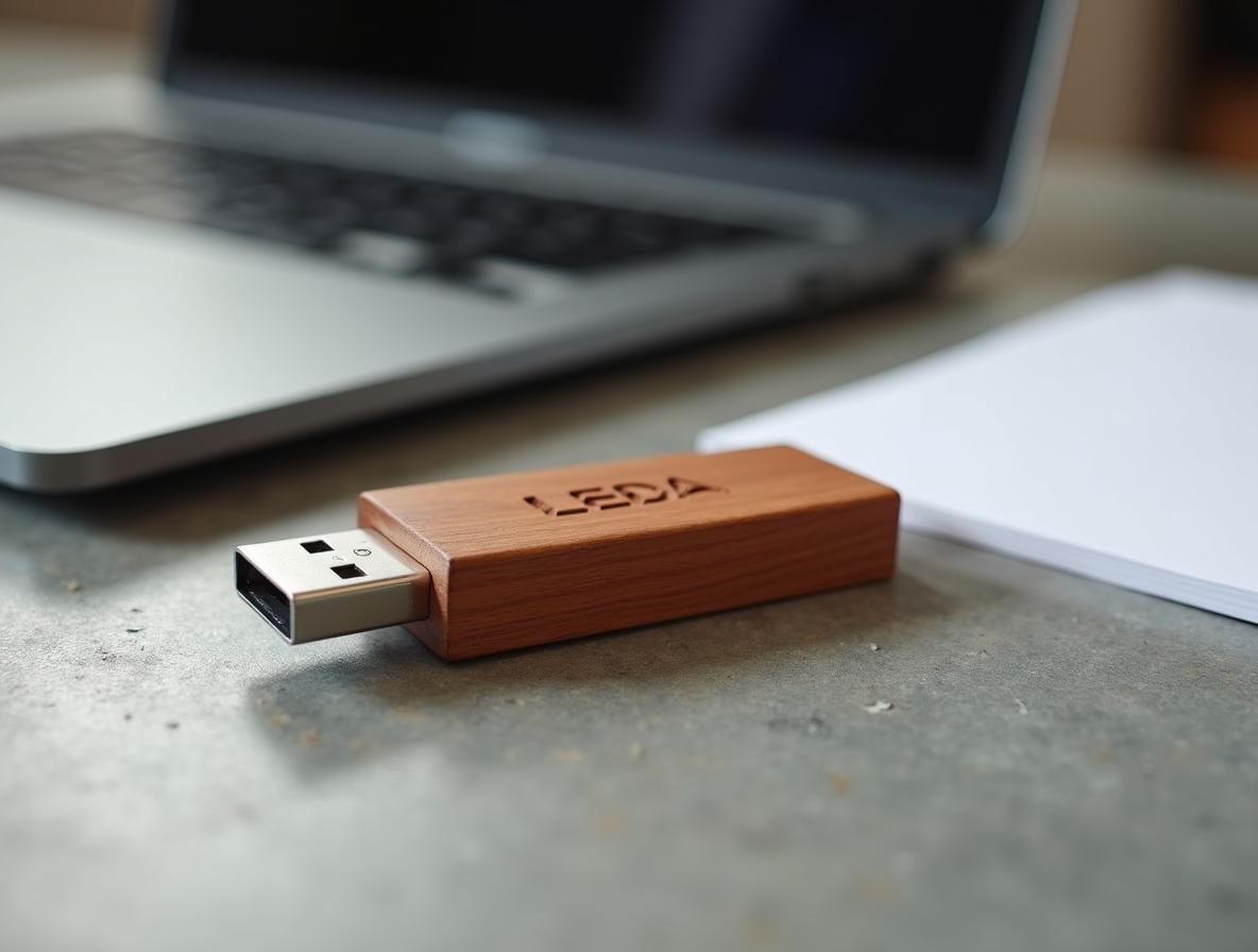 Memoria USB de madera de roble teñida en terracota con grabado láser, sobre escritorio de oficina moderna