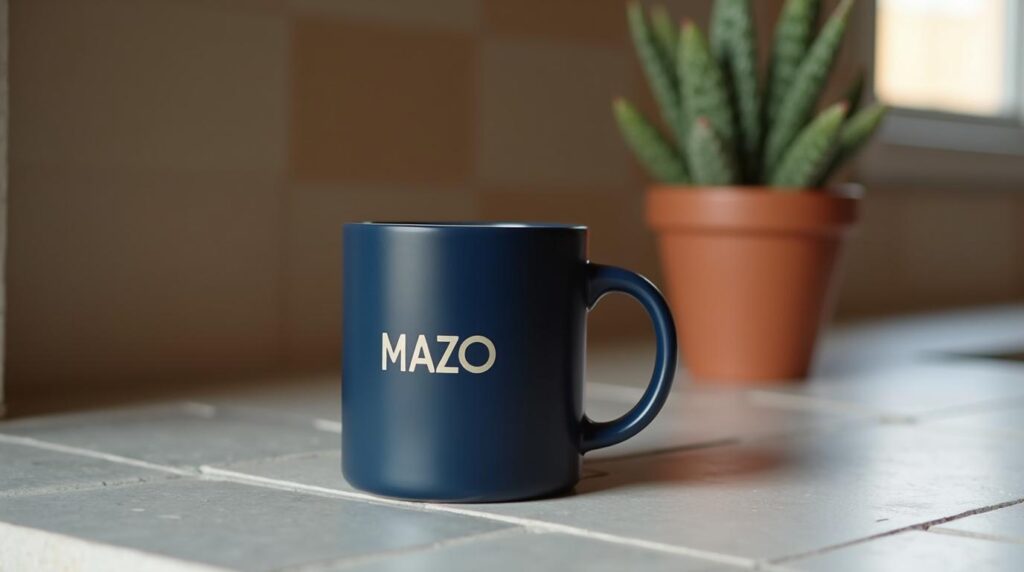 Proveedor merchandising Mallorca: taza cerámica azul marino con wordmark corporativo sobre superficie de hormigón pulido