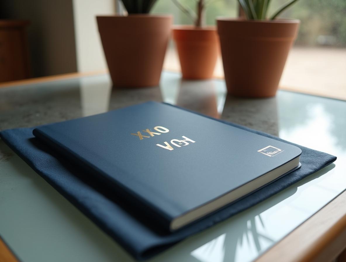 Libreta corporativa navy blue con foil stamping sobre escritorio de oficina moderna en Palma de Mallorca