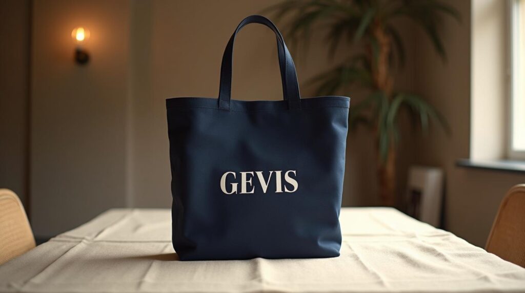 Regalos corporativos para hoteles: bolsa de algodón azul marino con wordmark impreso en gran tamaño sobre recepción hotelera
