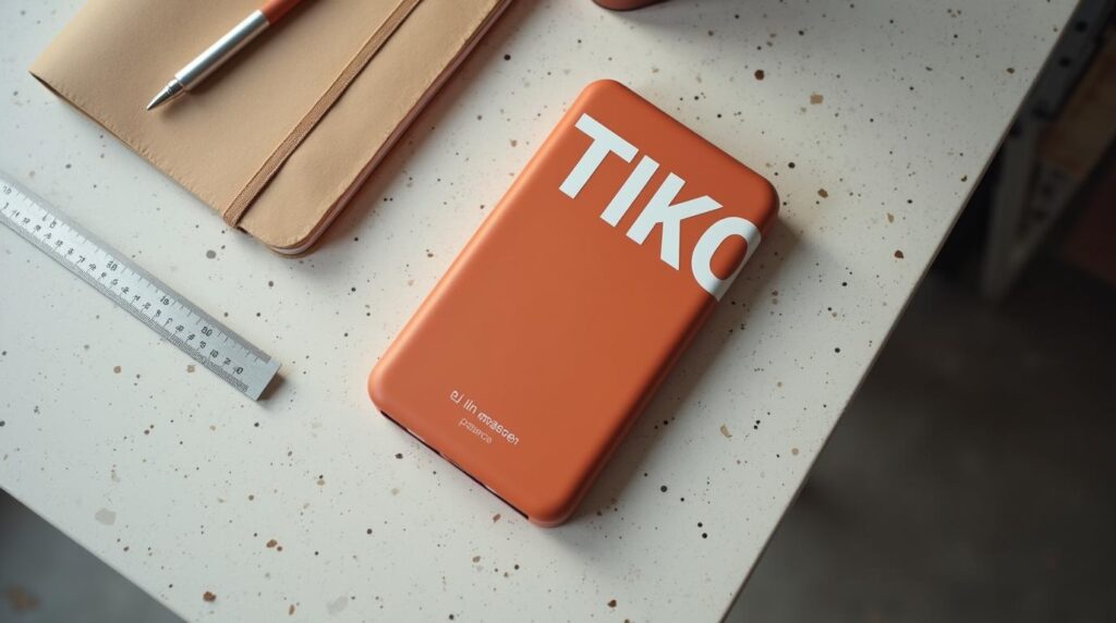 Regalos corporativos sector industrial: power bank terracota sobre superficie de trabajo en entorno fabril