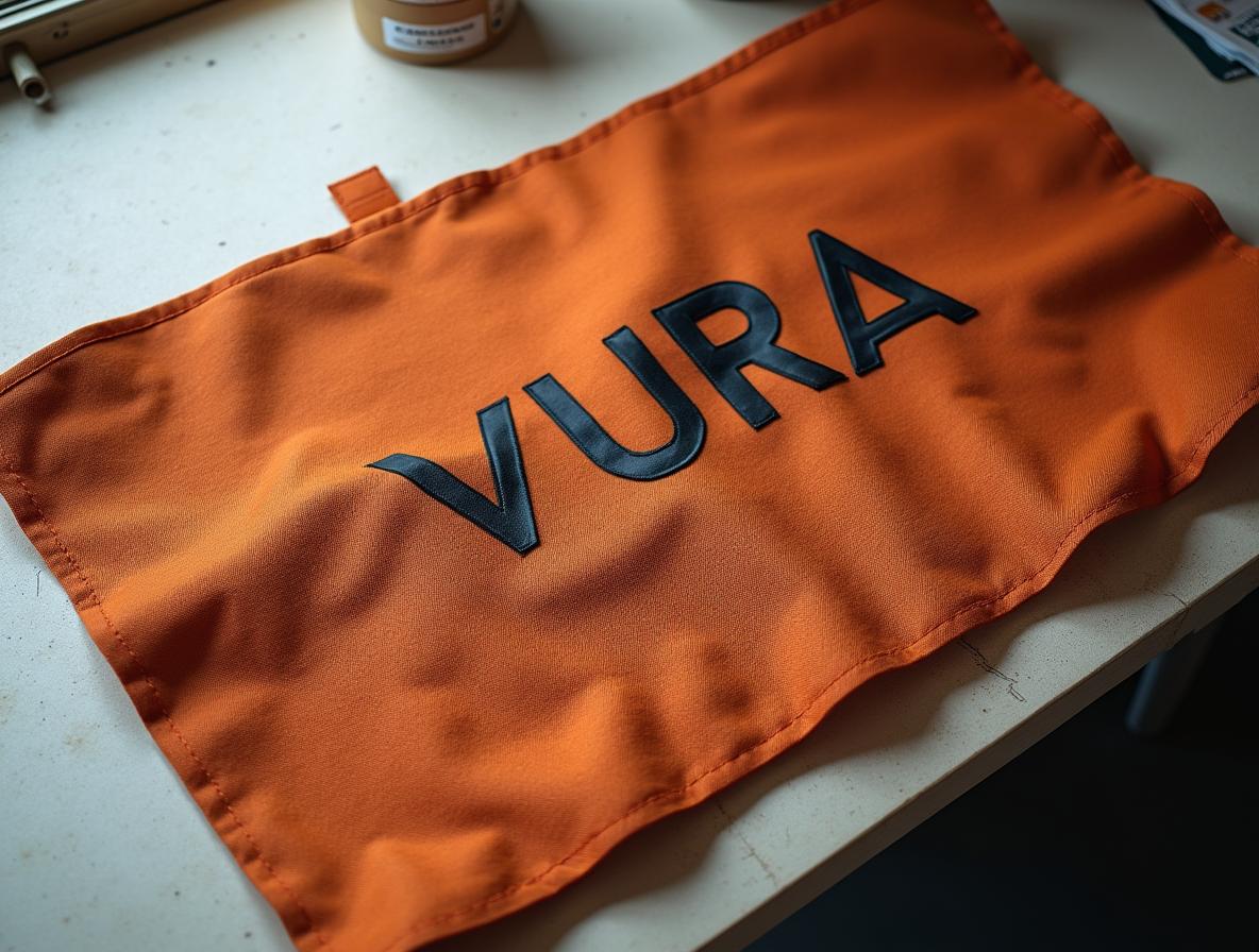 Detalle de bordado sobre lona de herramientas personalizada para entorno industrial