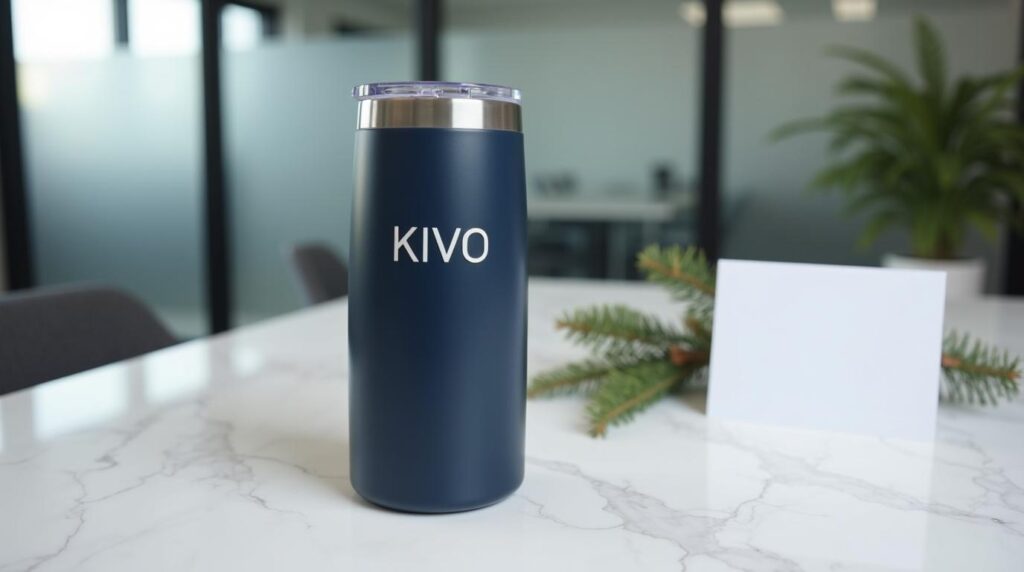 Regalos de navidad para empleados: termo de acero inoxidable azul marino sobre mármol blanco con rama de pino