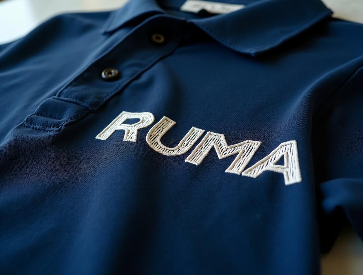 Detalle de bordado blanco sobre polo de punto piqué azul marino con textura visible del tejido