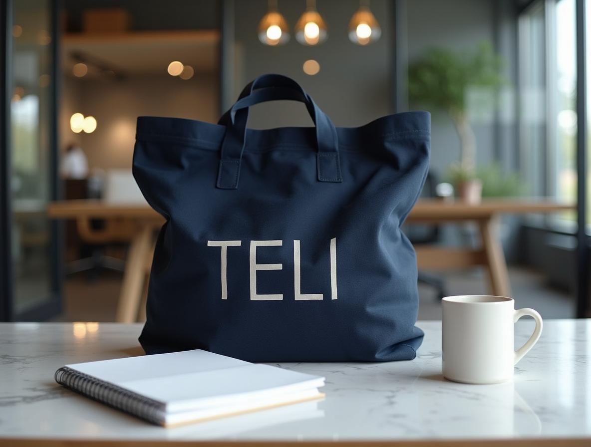 Bolsa de tela azul marino doblada sobre escritorio de roble en oficina moderna con luz natural