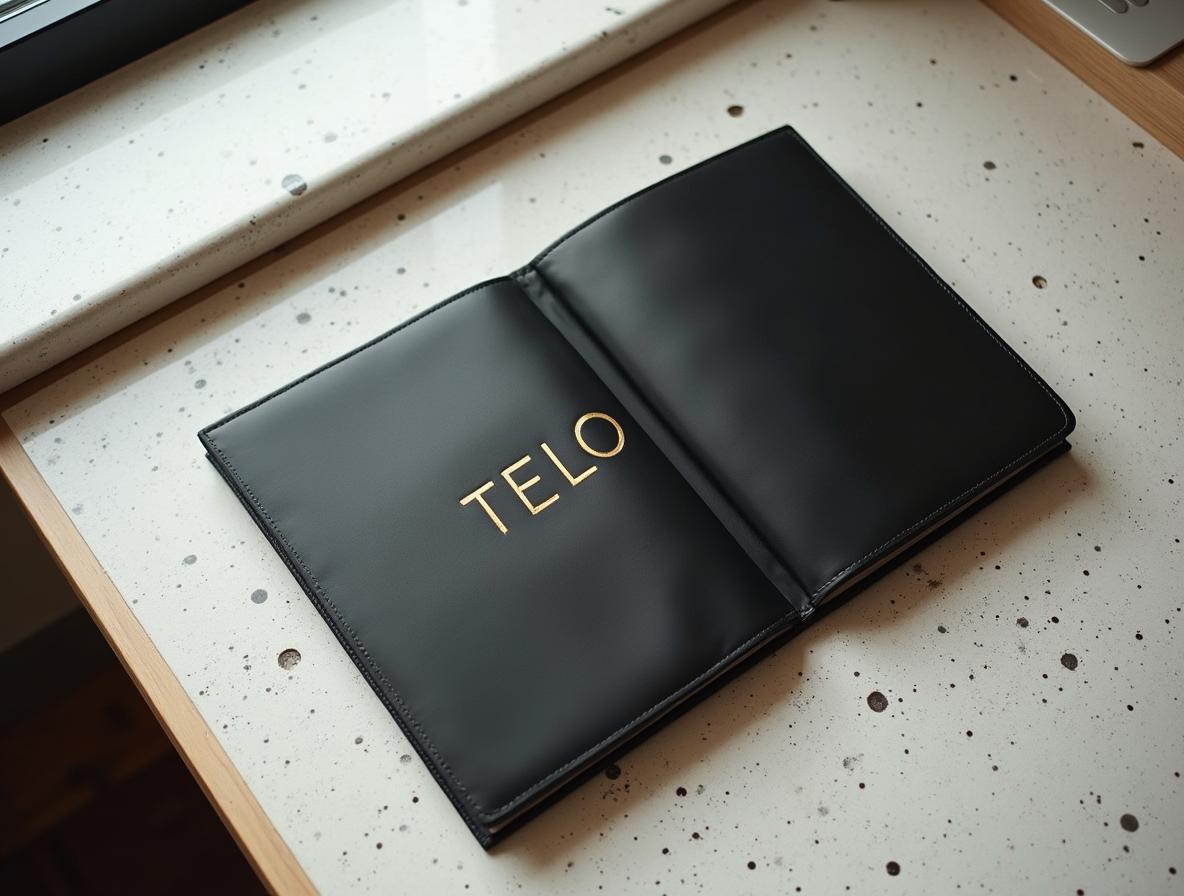 Carpeta de cuero negro con debossing sobre mesa de trabajo en estudio de diseño