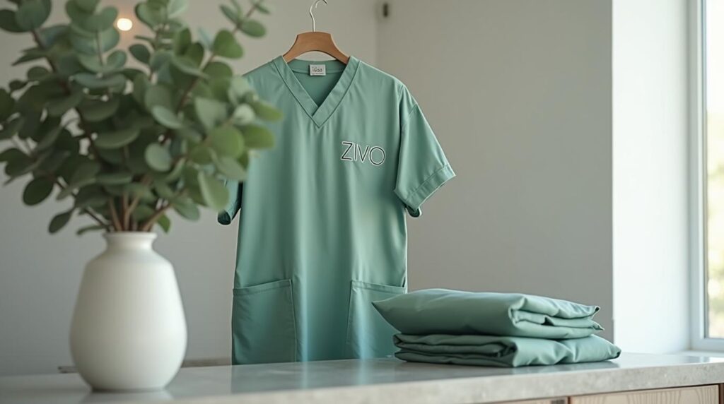 Uniformes sector sanitario: casaca sanitaria verde salvia con bordado corporativo sobre encimera de hormigón pulido