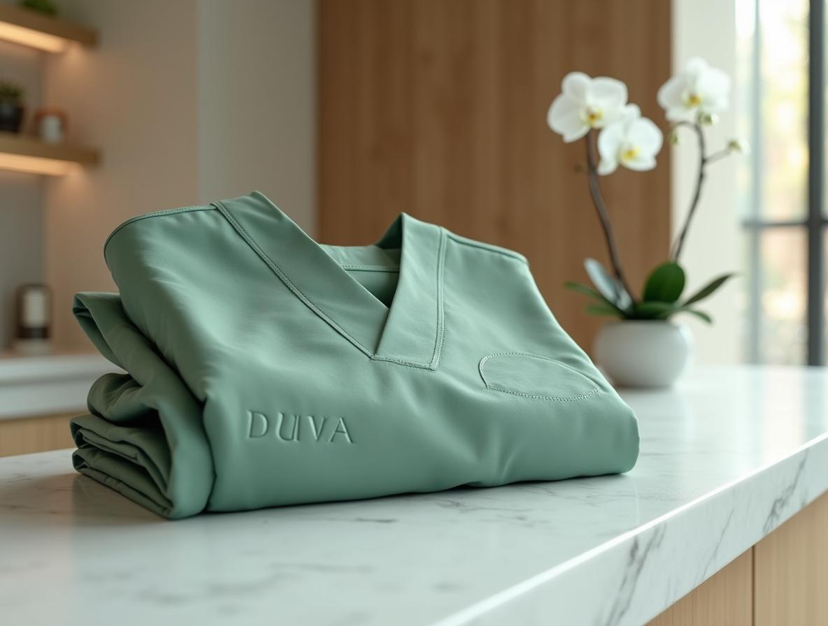 Conjunto de pijama sanitario verde salvia doblado sobre mostrador de recepción de clínica moderna