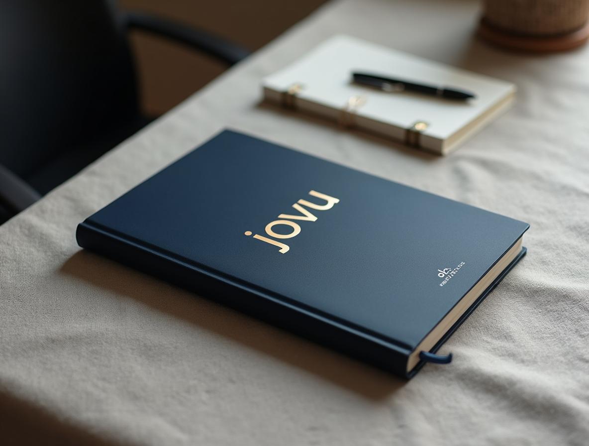 alternativas a la cesta de Navidad: agenda azul marino con estampación en foil blanco sobre tapa de tela