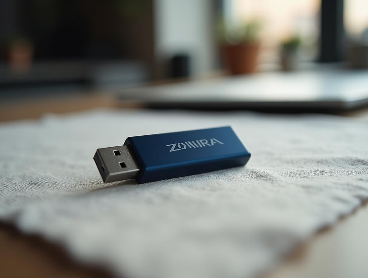 Memoria USB de aluminio azul marino con grabado láser sobre un mantel de lino en un escritorio de oficina