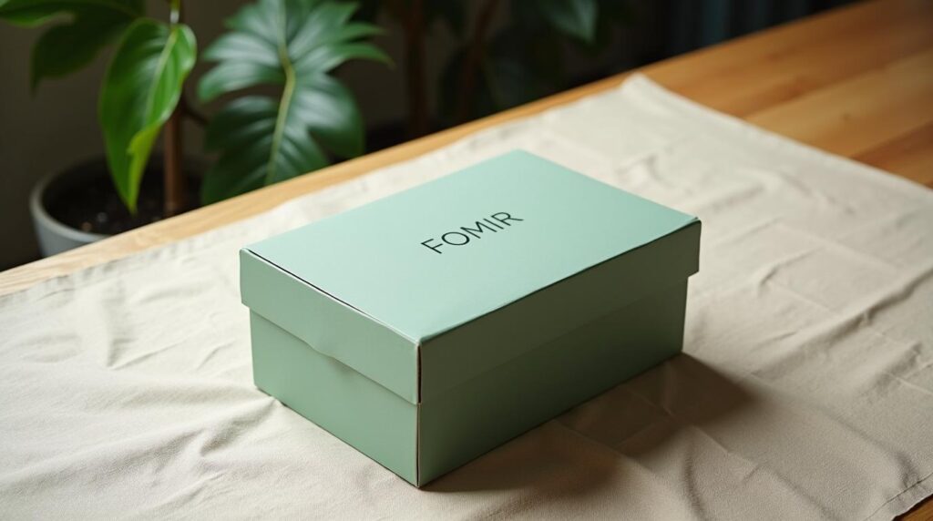 Biomateriales para packaging corporativo: caja automontable de cartón kraft verde salvia sobre mesa de oficina